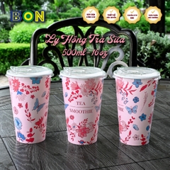 Lốc 50 Ly Giấy In Hồng Trà Sữa 500ml / 650ml (22 oz) - Đựng Trà Sữa kèm Ly Topping 120ml có nắp, Ly Dày Đẹp, 260 Gram SM