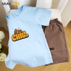 Đồ Bộ Bé Trai Cotton Họa Tiết Gấu Chill Cộc Tay Thoáng Mát MiauKids