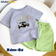 Bộ thun cộc tay cotton in hình xe ô tô cool ngầu cho bé trai 1-8 tuổi