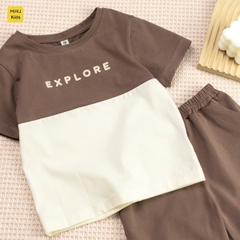 Đồ bộ bé trai in chữ EXPLORE cotton cao cấp mềm mát, bộ cộc tay bé trai phong cách Hàn Quốc dễ thương 1-8 tuổi
