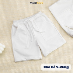 Quần đùi trắng bé trai cotton co giãn có túi thun mềm mát đi học chơi