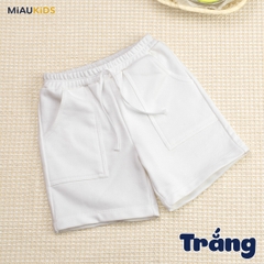 Quần đùi trắng bé trai cotton co giãn có túi thun mềm mát đi học chơi