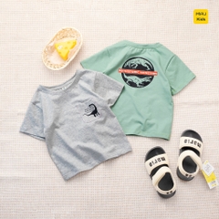 Áo thun bé trai phối túi in khủng long cool ngầu đáng yêu thun cotton thoáng mát mềm mịn cho bé mặc nhà đi học đi chơi