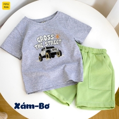 Bộ thun cộc tay cotton in hình xe ô tô cool ngầu cho bé trai 1-8 tuổi
