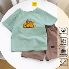 Đồ Bộ Bé Trai Cotton Họa Tiết Gấu Chill Cộc Tay Thoáng Mát MiauKids