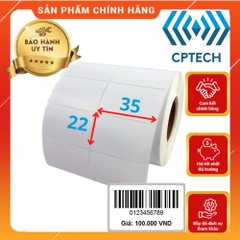 Cuộn in mã vạch, tem nhiệt khổ 2 tem 72x22 mm - 2000 tem, giấy in khổ 35x22 mm, 2 tem/hàng