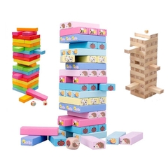 Bộ trò chơi rút gỗ 48-51 thanh nhiều màu sắc, in hình ngộ nghĩnh, Đồ chơi rút gỗ hình con vật, in hình số thanh gỗ mịn