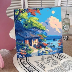 Tranh tô màu số hóa đã căng khung kèm màu, cọ size 20x20, tranh số hóa hoạt hình, bé ba, phong cảnh, loopy, cappy bara