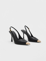 Metallic Cap Pointed-Toe Slingback Pumps