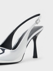 Metallic Cap Pointed-Toe Slingback Pumps