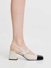 Patent Two-Tone Pearl Buckle Slingback Pumps