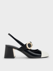 Patent Two-Tone Pearl Buckle Slingback Pumps