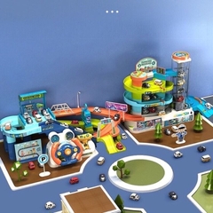 Đồ chơi đua xe ô tô kèm vô lăng phát nhạc cỡ lớn kết hợp bãi đỗ xe oto có thang cuốn chạy tự đông cho bé