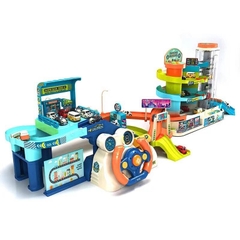 Đồ chơi đua xe ô tô kèm vô lăng phát nhạc cỡ lớn kết hợp bãi đỗ xe oto có thang cuốn chạy tự đông cho bé