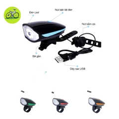 Đèn Trước Xe Đạp Siêu Sáng Pha Tích Hợp Còi Chống Nước Cao Cấp SẠC USB