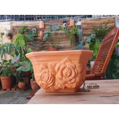 Chậu Treo Trồng Cây Gốm Đất Nung Áp Tường, Vân Hoa Hồng, Size NHỎ - Gốm Sứ Sân Vườn