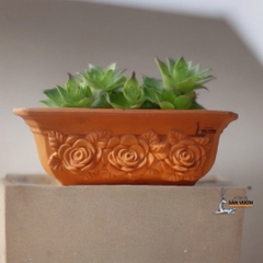 Chậu Treo Ốp Tường Gốm Đất Dáng Chữ Nhật Ngang Vân Hoa Hồng - Gốm Sứ Sân Vườn
