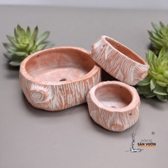 Bộ 3 Chậu Gốm Đất Nung Sọc Caro Và Gốc Cây Sơn Wax Cao Cấp - Gốm Sứ Sân Vườn