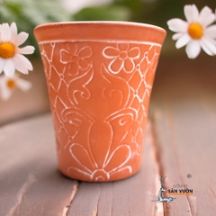 Chậu Gốm Đất Nung Vót Miệng Loe Hoa Văn Chỉ Trắng - Gốm Sứ Sân Vườn