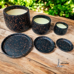 Combo Chậu Gốm Đất Nung Dáng Nồi Sơn Wax Và Đĩa Lót Cùng Màu - Gốm Sứ Sân Vườn