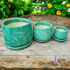 Combo Chậu Gốm Đất Nung Dáng Nồi Sơn Wax Và Đĩa Lót Cùng Màu - Gốm Sứ Sân Vườn