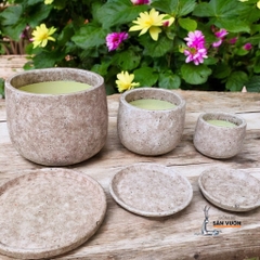 Combo Chậu Gốm Đất Nung Dáng Nồi Sơn Wax Và Đĩa Lót Cùng Màu - Gốm Sứ Sân Vườn