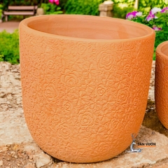 Chậu Gốm Đất Nung Dáng Trứng Vân Hoa Hồng - Gốm Sứ Sân Vườn
