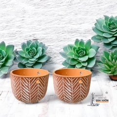 Chậu Treo Dây Gốm Đất Nung Hoa Văn Xương Cá - Gốm Sứ Sân Vườn