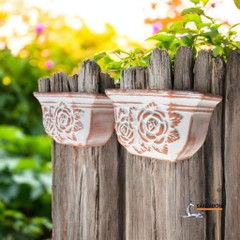 Chậu Treo Trồng Cây Gốm Đất Nung Áp Tường, Vân Hoa Hồng, Size NHỎ - Gốm Sứ Sân Vườn