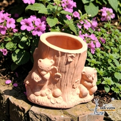Chậu Gốm Đất Nung Hình Gốc Cây Và 2 Chú Gấu - Gốm Sứ Sân Vườn