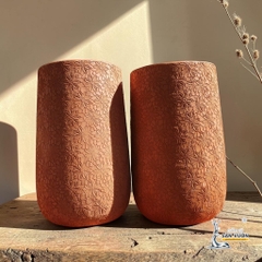 Chậu Gốm Đất Nung Hình Ống Vân Hoa Cúc/ Vân Lưới Cào - Cao 23cm x Đường Kính 13cm - Gốm Sứ Sân Vườn