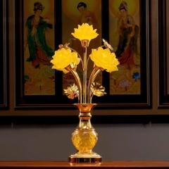 Cặp Đèn Hoa Sen Phong Thủy – Mẫu Chân Vàng Tròn Khắc Nổi (65cm – 70cm)