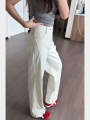 808-9 Quần jean ống rộng nữ lưng cao màu trắng  – chất denim dày đẹp, tôn dáng, dễ phối áo, phong cách Hàn Quốc