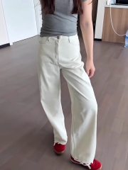 808-9 Quần jean ống rộng nữ lưng cao màu trắng  – chất denim dày đẹp, tôn dáng, dễ phối áo, phong cách Hàn Quốc