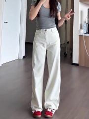 808-9 Quần jean ống rộng nữ lưng cao màu trắng  – chất denim dày đẹp, tôn dáng, dễ phối áo, phong cách Hàn Quốc