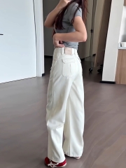 808-9 Quần jean ống rộng nữ lưng cao màu trắng  – chất denim dày đẹp, tôn dáng, dễ phối áo, phong cách Hàn Quốc