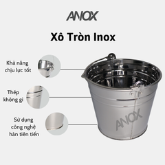 Xô Tròn Inox 430 ANOX đựng đá nước, quai inox | 27 30 34 cm |Hàng Việt Nam - Thương hiệu ANOX