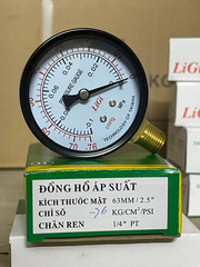 Đồng hồ áp suất âm chân không LIGI hơi -76cmHg -1Kg -0.1Mpa kích thước mặt 63 chân ren đồng 1/4 13mm