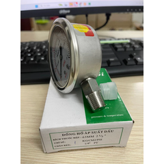 Đồng hồ áp suất inox có dầu LIGI dải đo 0-1Kg/cm2 0.1Mpa kích thước mặt 63mm chân ren 1/4 13mm