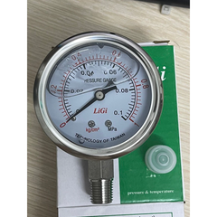 Đồng hồ áp suất inox có dầu LIGI dải đo 0-1Kg/cm2 0.1Mpa kích thước mặt 63mm chân ren 1/4 13mm