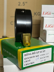 Đồng hồ áp suất âm chân không LIGI hơi -76cmHg -1Kg -0.1Mpa kích thước mặt 63 chân ren đồng 1/4 13mm