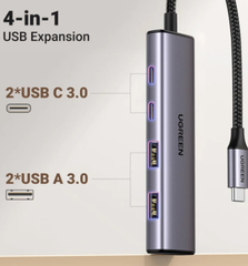 Bộ chia Hub USB-C 2 cổng và USB 3.0 2 cổng, màu ghi Ugreen (15395)