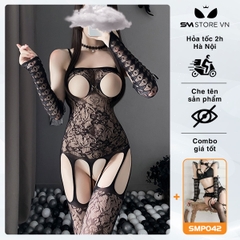 SMS167 - Bộ bodysuit 2 dây thiết kế họa tiết ren đai liền vớ hở bạo
