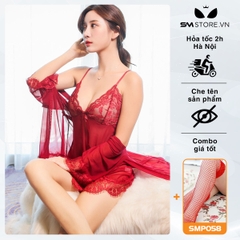 SMS013 - Set 3 món: váy ngủ 2 dây trong suốt, quần lọt khe, áo choàng