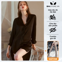 SMS074 - Áo sơ mi trắng mặc ngủ voan mỏng dáng dài đuôi tôm sexy