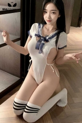 SMS119 - Cosplay học sinh với áo bodysuit lọt khe có dây buộc sườn