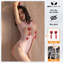 SMS323 - set cosplay y tá hở bạo với áo cổ bẻ và quần lọt khe