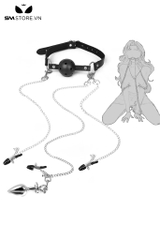 SMT3168 - Butt plug kèm ball gag silicon và dây nối kẹp núm vú 3 đầu