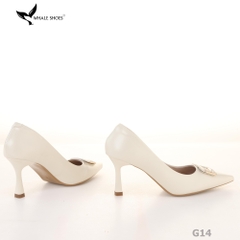(Giảm size) Giày cao gót Whale Shoes 8cm, bít mũi, da mờ, đính khóa, lót êm, đế chống trượt-G14