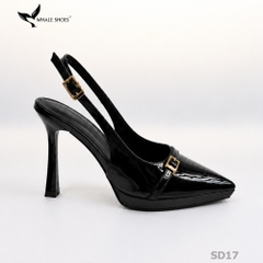 Giày Slingback Whale Shoes gót 10cm đúp mũi 1cm, khóa cài trang trí vàng Gold, đế chống trượt-SD17